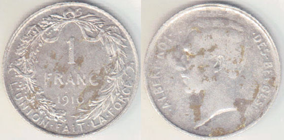 1910 Belgium silver 1 Franc A005373